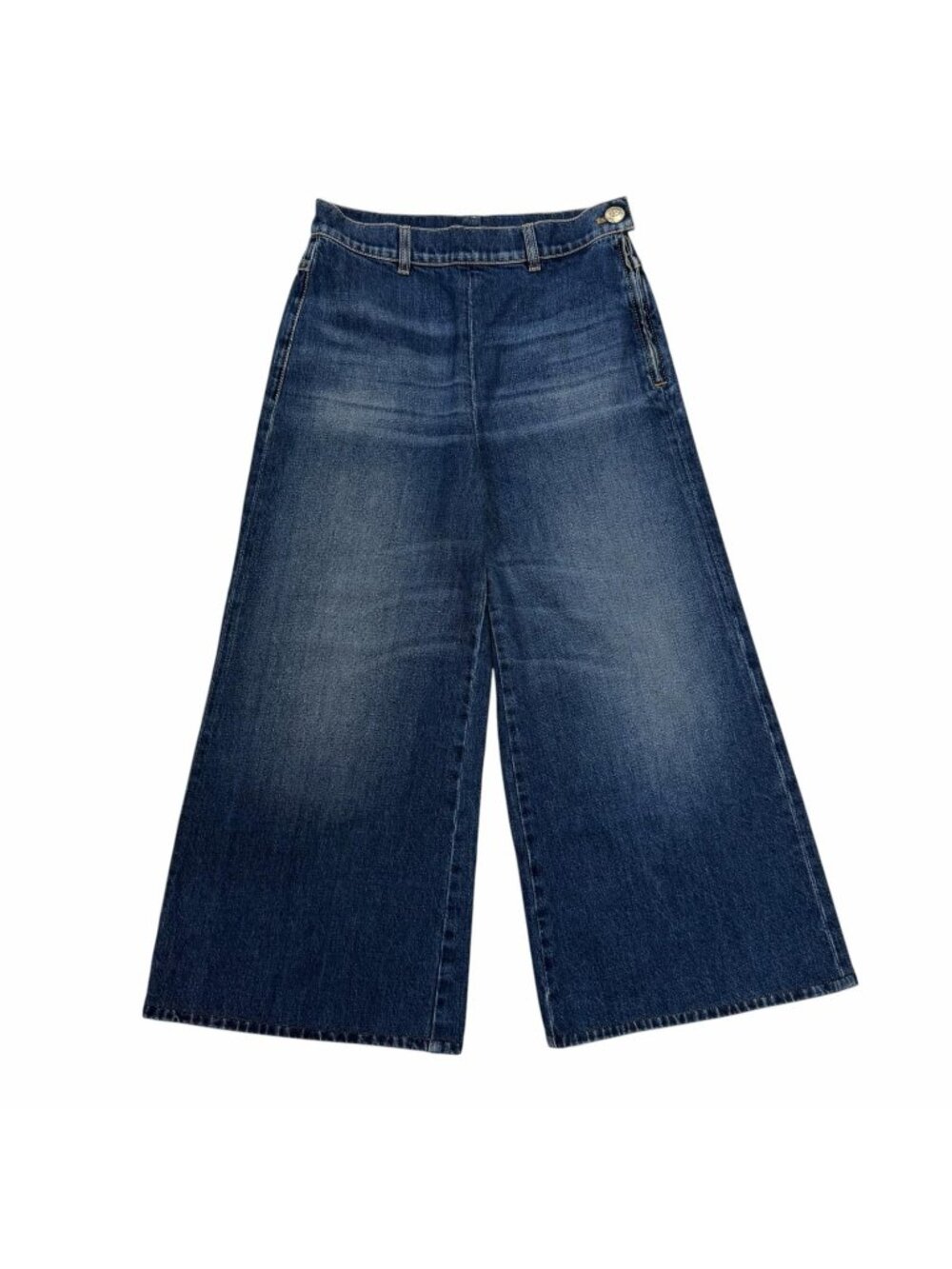 Chanel CC Logo Button Wide Pants Denim Indigo 34